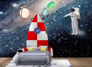 现代飞船火箭床头儿童床、星空宇航员背景墙