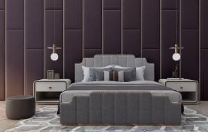 简欧不规则布艺床头双人床、圆形坐墩