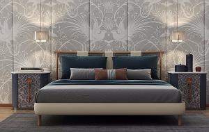 新中式实木床头双人床、凤凰图案壁纸背景墙