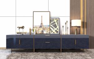 现代蓝灰色多柜门电视柜、台灯摆件