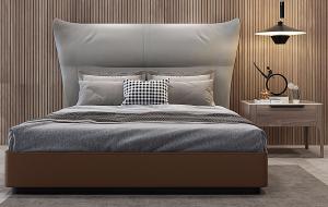 北欧鱼尾软包床头双人床、橡木床头柜