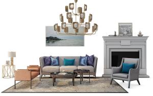 简欧三人沙发、坐凳、单人沙发和壁炉组合