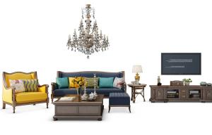 欧式雕花实木框架多人沙发、单人沙发和电视柜组合