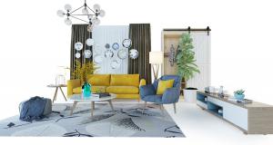 现代黄色布艺多人沙发、蓝色单人沙发组合