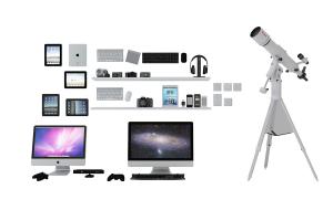 电脑显示屏、键盘和望远镜