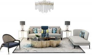 新中式简约白色多人沙发、美人榻和藤编椅子