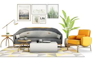 北欧圆角靠背布艺多人沙发、黄色单人沙发