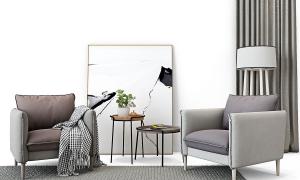 北欧布艺单人座椅、边几和装饰画组合