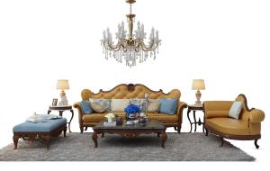 欧式古典雕花框架、菱形皮革软包靠背多人沙发