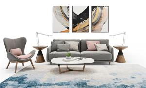 新中式灰色布艺双人沙发、休闲单人座椅