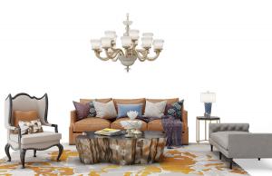 简欧棕色皮革三人沙发、镂空扶手单人沙发