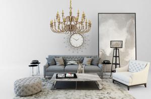 简欧轻奢菱形软包靠背三人沙发、菱形软包坐墩组合