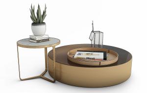 新中式圆形茶几和圆形边几组合