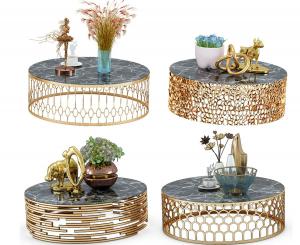 北欧金属金色镂空铁艺圆形茶几和摆件组合
