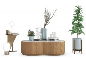 现代软包支撑大理石台面茶几、边几和摆件组合