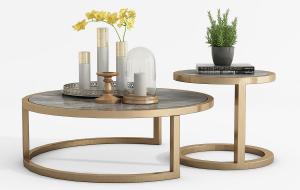 现代轻奢金属装饰大理石圆形茶几、边几组合