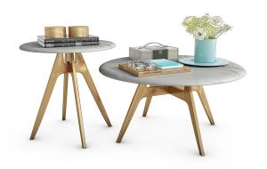 北欧十字形实木支架大理石台面茶几、边几组合