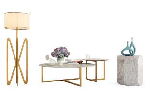 现代金属丁字形支撑大理石茶几、边几和落地灯组合