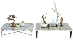 新中式玻璃、大理石台面茶几和摆件组合