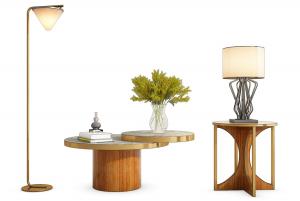 新中式双台面圆形茶几、边几和落地灯组合