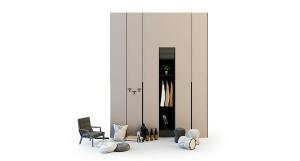 现代挑高卧室衣柜、休闲椅、坐墩和坐凳组合