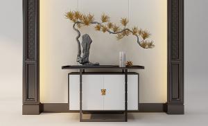 新中式玄关柜、迎客松盆景组合3d模型 新中式玄关柜、迎客松盆景组合