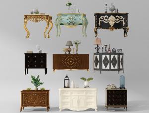 欧式装饰柜、玄关柜和摆件组合3d模型 欧式装饰柜、玄关柜和摆件组合
