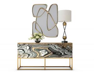 现代轻奢带有大理石纹理的玄关柜、装饰镜组合