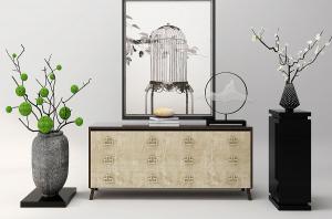 新中式玄关柜、花架、陶罐、干枝组合3d模型 新中式玄关柜、花架、陶罐、干枝组合