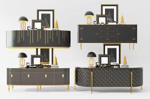 现代轻奢黑色镶金边玄关柜、摆件组合3d模型 现代轻奢黑色镶金边玄关柜、摆件组合