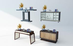 中式装饰国画玄关柜、案几和端景台组合3d模型 中式装饰国画玄关柜、案几和端景台组合