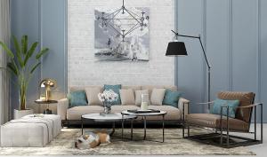 现代沙发、茶几、吊灯和宠物狗组合