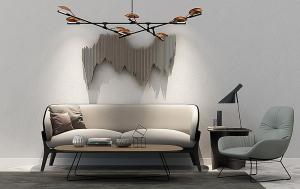 北欧沙发、茶几、吊灯和休闲椅组合