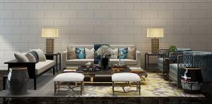 新中式沙发、茶几、方形坐凳和鼓凳组合