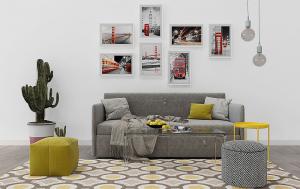 现代沙发、茶几、仙人掌盆栽和方形坐墩组合