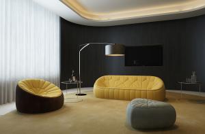 现代沙发、茶几、懒人沙发和落地灯组合