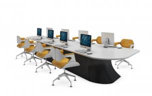 现代椭圆形白色台面会议桌椅和电脑组合