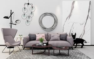 北欧休闲沙发、茶几、落地灯和休闲椅组合