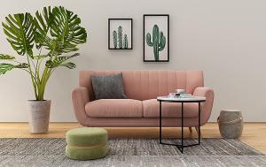北欧沙发、茶几、坐墩和盆栽组合