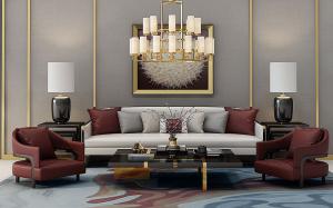 新中式沙发、茶几和吊灯组合