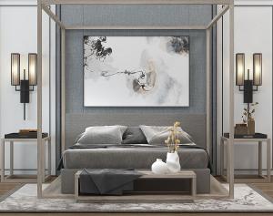 新中式床架浅灰色双人床、床头柜和壁灯