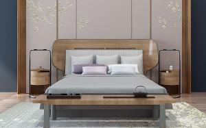 新中式实木弧形床头双人床、床头柜组合