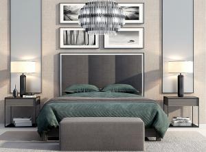 新中式灰色软包双人床、长方形坐墩