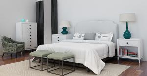 美式软包床头双人床、方形脚踏、休闲椅组合