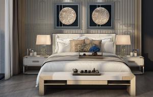 新中式双人床、床头柜、墙饰挂件