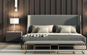 现代轻奢双人床、金属支架床尾凳