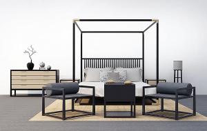 新中式床架双人床、装饰柜、休闲椅