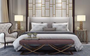 欧式转角软包床头双人床、轻奢皮革床脚凳