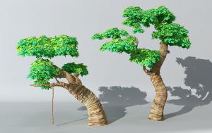 两棵形态各异、枝干弯曲的卡通树