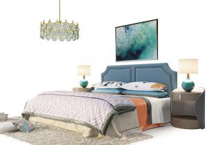 简欧软包床头双人床、皮革床头柜和台灯组合